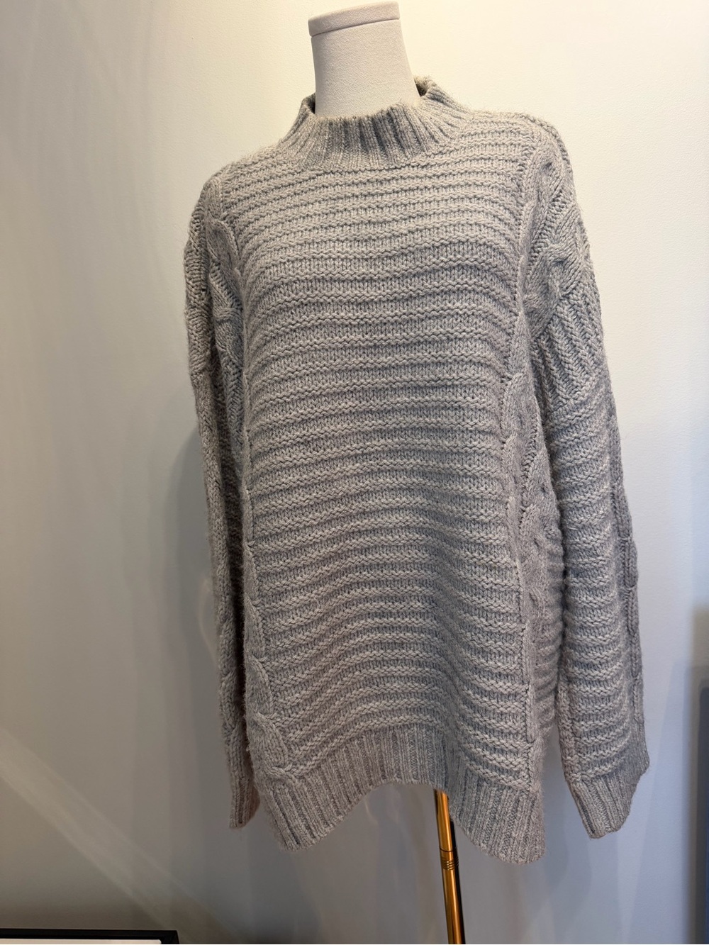 LOFT Heather Gray Cable Knit Mock Turtleneck Sweater